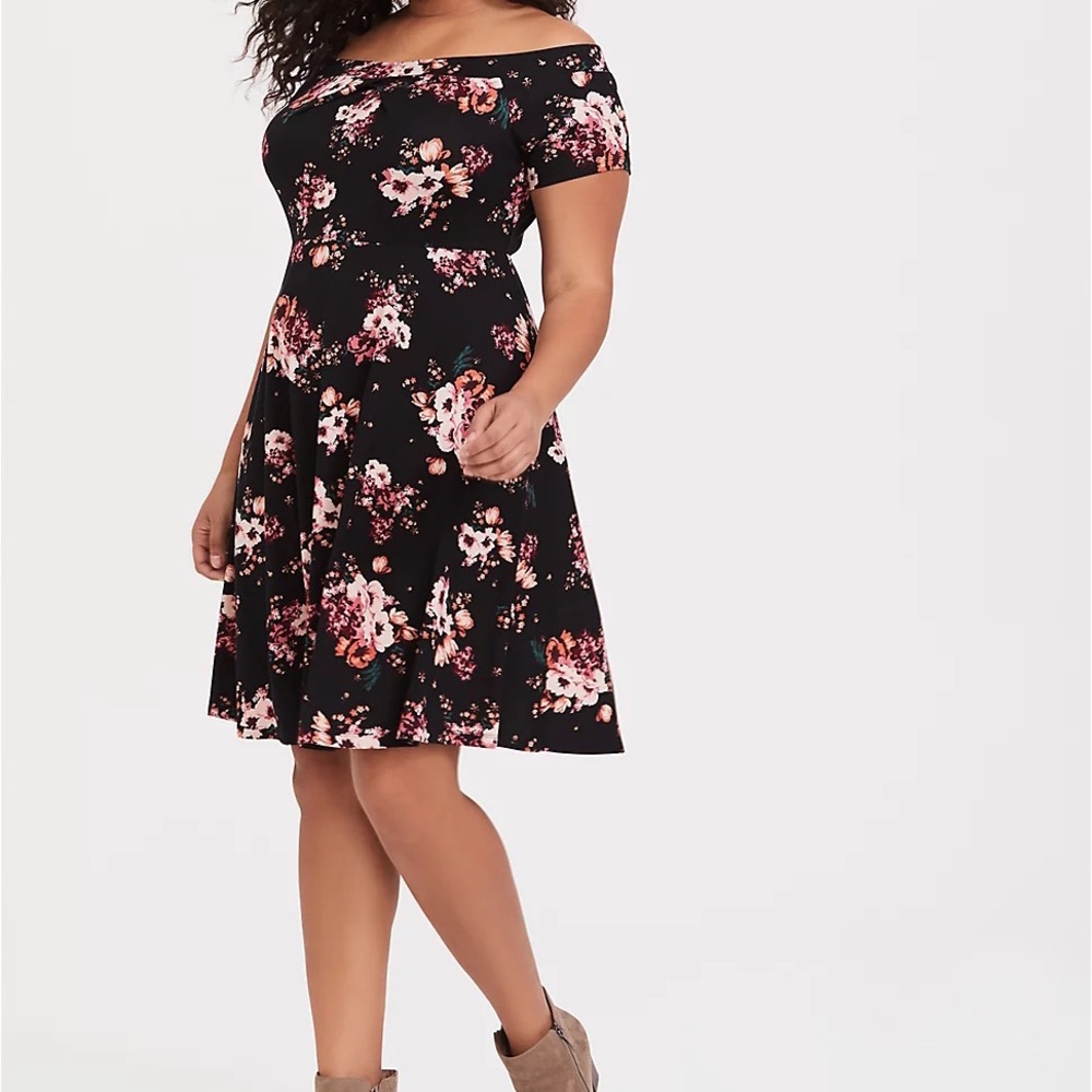 Torrid Black floral premium ponte Knit Off The Shoulder Skater Dress